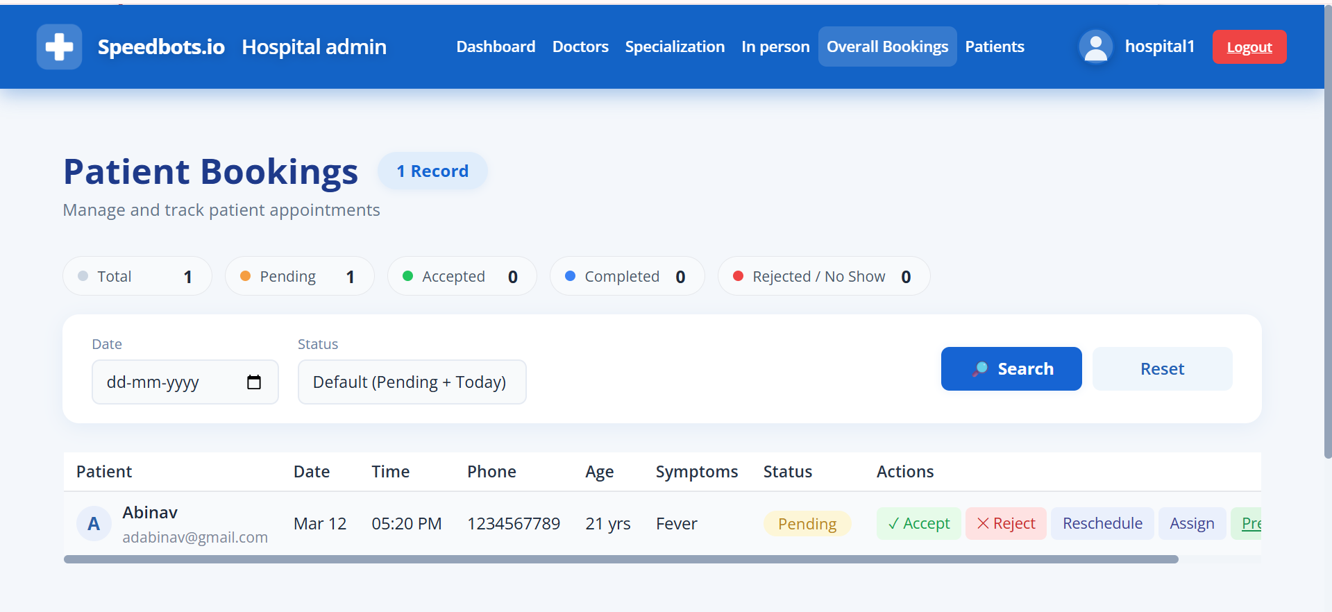 Speedbots Patient Bookings Dashboard
